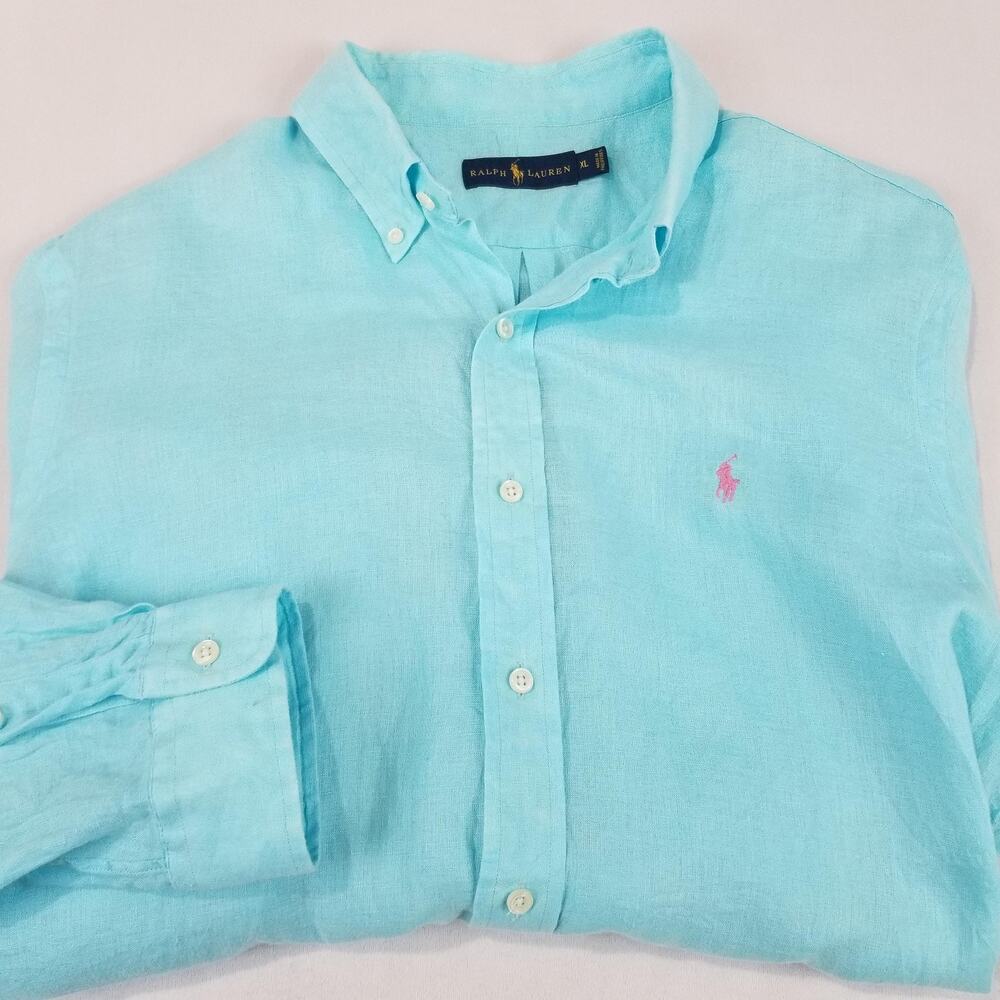 Ralph Lauren Shirt Mens XL Blue 100% Linen Aqua Blue Pink Pony Outdoor Beach - Picture 2 of 9
